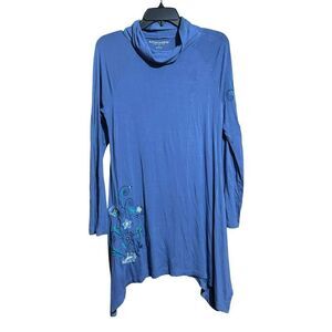 Soft Surroundings Tunic Top Womens Small Blue Floral Embroidered Cowl Blouse